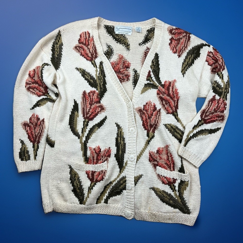 Vintage Evan Picone Cardigan Sweater Women's Medium Floral Hand Knit 80s 90s